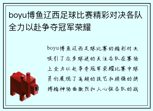 boyu博鱼辽西足球比赛精彩对决各队全力以赴争夺冠军荣耀
